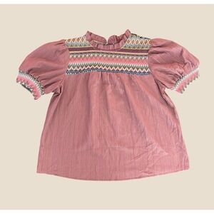 SHEIN Dusty Rose Embroidered Puff Sleeve Boho Blouse Mauve Large 1392